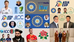 Collage featuring cricket board logos (BCCI, ICC, PCB, ECB, ACC), prominent cricket players, team officials, and political figures related to the Asia Cup and international cricket governance.