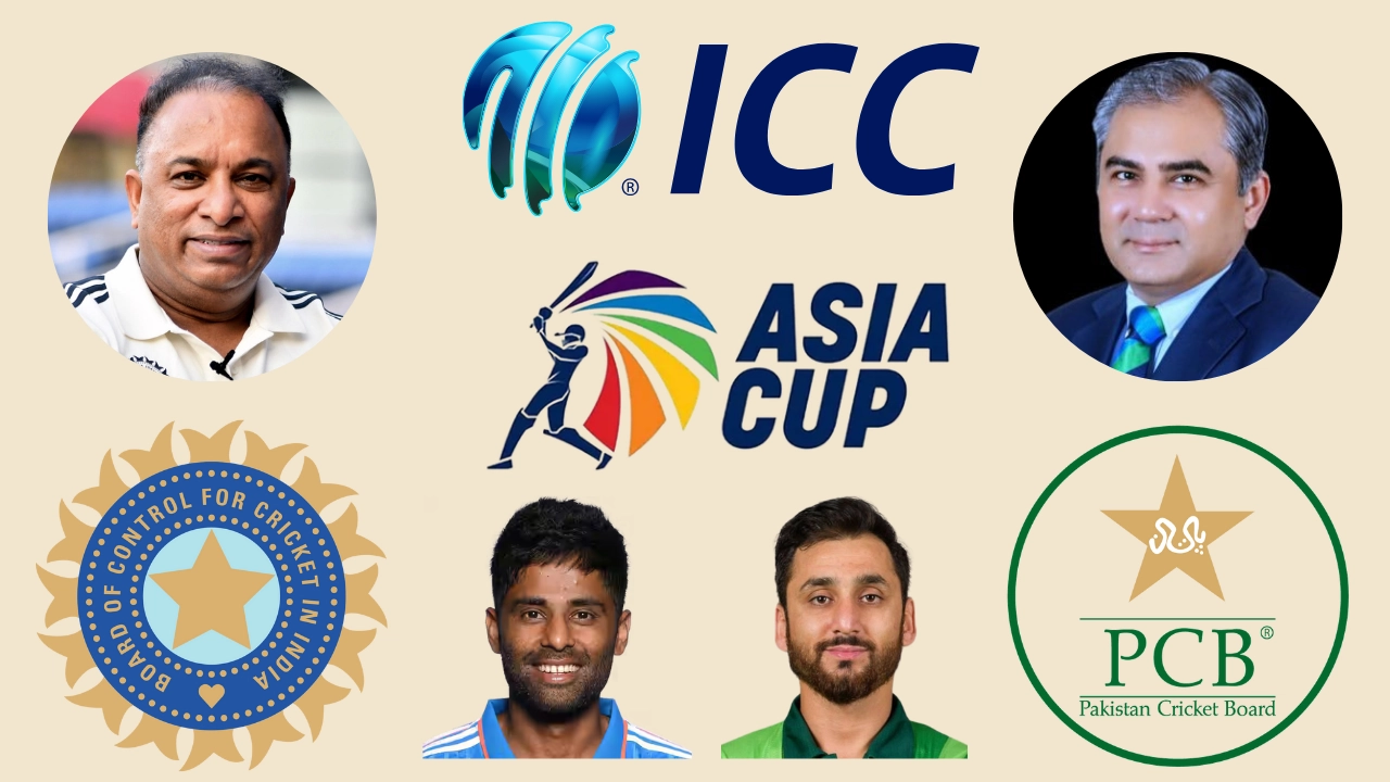 Asia Cup, ICC, BCCI, and PCB logos with Surya Kumar Yadav, Salman Ali Agha, Devaj Saikia, and Mohsin Naqvi featured