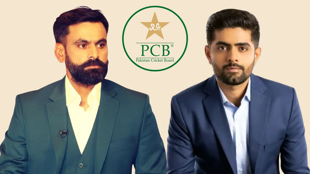 Babar Azam and Mohammad Hafeez in formal suits with Pakistan Cricket Board PCB logo in the background