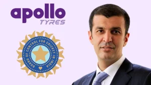 Image featuring Apollo Tyres logo, BCCI (Board of Control for Cricket in India) emblem, and Neeraj Kanwar, highlighting a sponsorship or partnership between Apollo Tyres and Indian cricket.