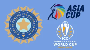 Logos of the Board of Control for Cricket in India (BCCI), Asia Cup, and ICC Women’s Cricket World Cup 2025 on a blue background.