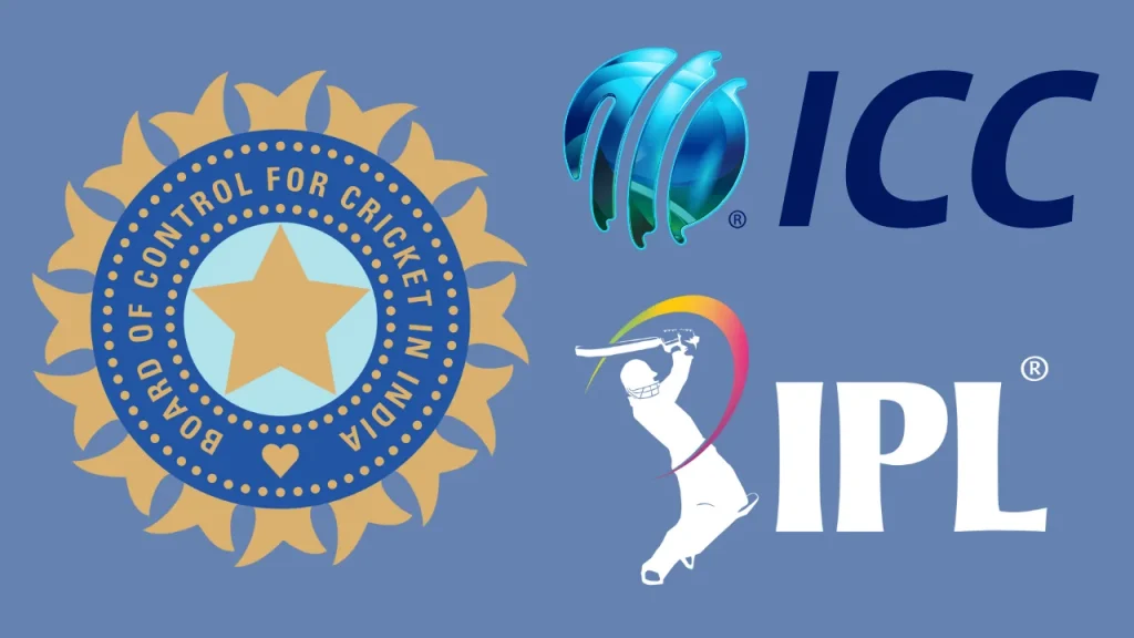 Logos of the Board of Control for Cricket in India (BCCI), International Cricket Council (ICC), and Indian Premier League (IPL) on a blue background.