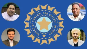 BCCI logo with Rajeev Shukla, Devajit Saikia, Sourav Ganguly, and Harbhajan Singh featured around it