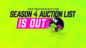 Betway SA20 Season 4 auction list announcement with cricket helmet on bright green background