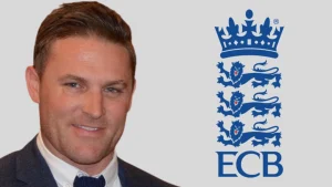 Brendon McCullum alongside England and Wales Cricket Board (ECB) logo