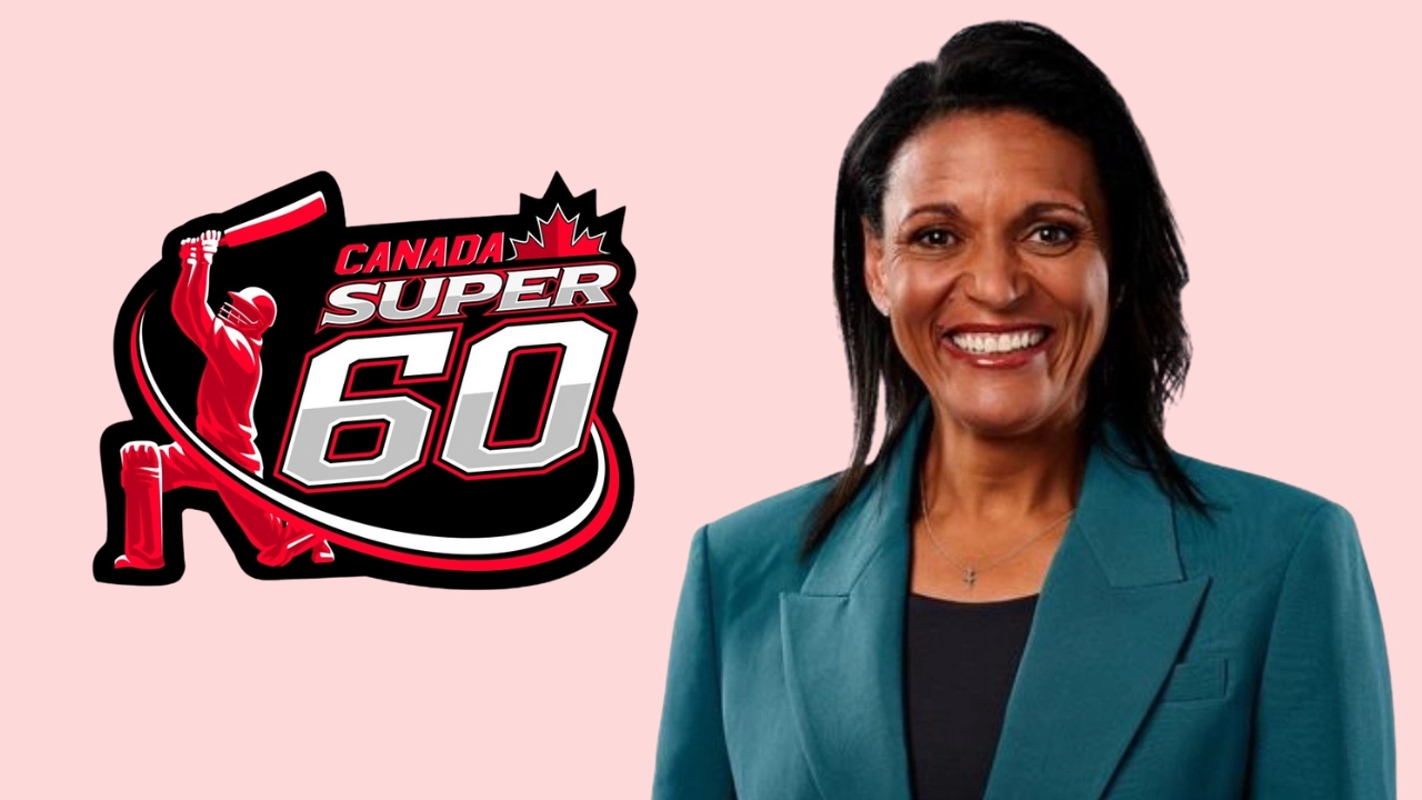 Melanie Jones smiling in a teal blazer beside the Canada Super 60 cricket tournament logo on a pink background