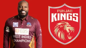 Chris Gayle in West Indies Champions jersey smiling with Punjab Kings IPL team logo on red background