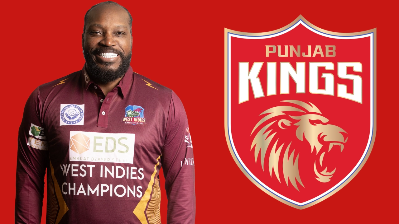 Chris Gayle in West Indies Champions jersey smiling with Punjab Kings IPL team logo on red background