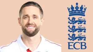 English cricketer Chris Woakes in England Test jersey with ECB logo in the background