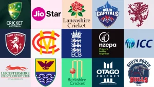 Collage of international and domestic cricket logos including ICC, ECB, Cricket Australia, Delhi Capitals, Otago Cricket, Kent Cricket, MCC, and others