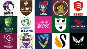 Collage of cricket board and club logos from various regions including Cricket Scotland, Surrey, SACA, Cricket Australia, Cricket Ireland, Cricket Wales, Essex, Queensland Cricket, and others.