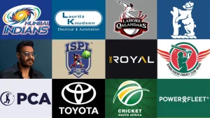 A grid of logos featuring cricket teams, leagues, sponsors, and personalities including Mumbai Indians, ISPL, Ajay Devgn, Lahore Qalandars, Cricket South Africa, Toyota, and more.