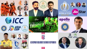 Collage of global cricket news highlights featuring cricket boards, tournaments, players, and sponsors including ICC, BCCI, PCB, Asia Cup, Sydney Thunder, and Women’s World Cup 2025.