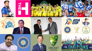 Collage featuring cricket players, team logos, officials, and tournament highlights including IPL, Asia Cup, Chennai Super Kings, Cricket Australia, BCCI, and World Championship of Legends.