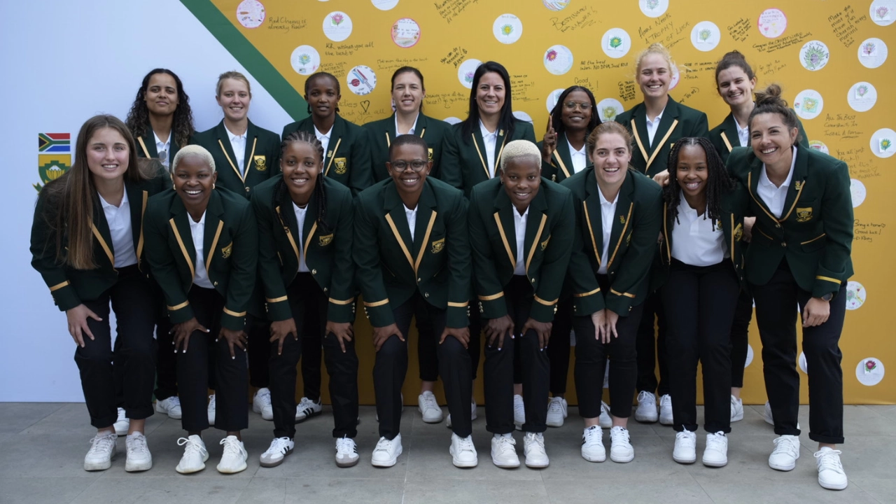Group photo of the South Africa women’s national cricket team wearing green blazers and white shirts, posing together and smiling.