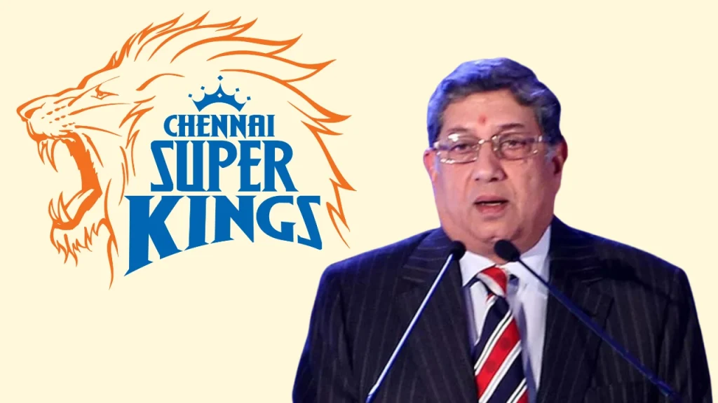 Chennai Super Kings (CSK) logo alongside Narayanaswami Srinivasan speaking at an event in a suit and tie.