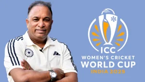 Devajit Saikia standing next to ICC Women’s Cricket World Cup India 2025 logo on blue background