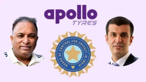 Devajit Saikia and Neeraj Kanwar featured alongside BCCI and Apollo Tyres logos, highlighting a cricket partnership or sponsorship in 2025