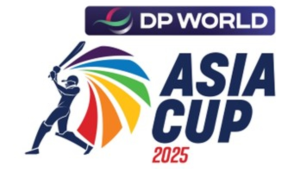 Official logo of DP World Asia Cup 2025 featuring a cricket player with multicolor design