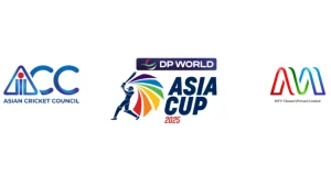 Official logos of DP World Asia Cup 2025, Asian Cricket Council, and MTV Channel Pvt Ltd on a white background.