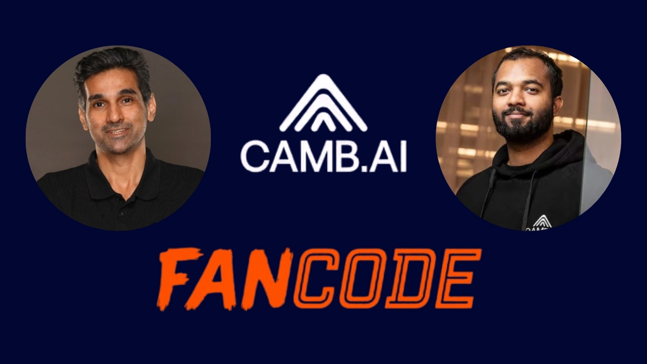 FanCode and CAMB.AI logos with images of Yannick Colaco and Akshat (Ack) Prakash, highlighting a strategic partnership.
