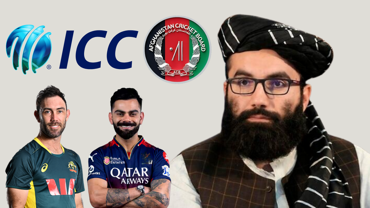 Glenn Maxwell and Virat Kohli alongside Anas Haqqani, with ICC and Afghanistan Cricket Board logos, highlighting the intersection of cricket and Afghan politics.
