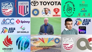 Collage of global cricket stakeholders including USA Cricket, BCCI, ICC, Dream11, DP World, Asia Cup, Cricket Canada, and key personalities in 2025