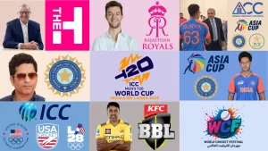 Collage featuring international cricket logos, tournaments like ICC T20 World Cup 2026 and Asia Cup, famous cricket players including Sachin Tendulkar and Ravichandran Ashwin, and logos of cricket boards like BCCI, PCB, and USA Cricket.