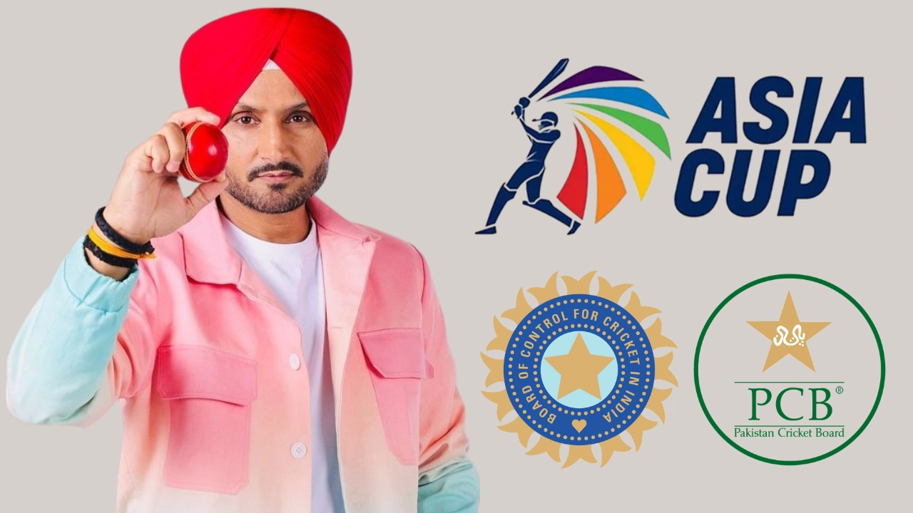 Harbhajan Singh holding a red cricket ball with Asia Cup, BCCI, and PCB logos on a beige background