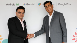 ICC Chairman Jay Shah shaking hands with Google India VP of Marketing Shekar Khosla at a partnership event