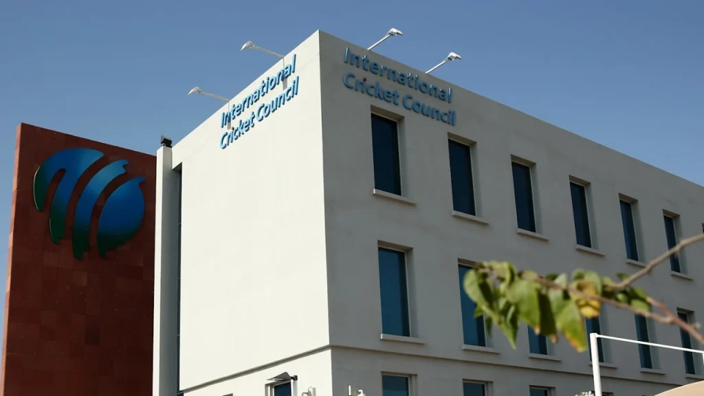 Exterior view of the International Cricket Council (ICC) headquarters building in Dubai under a clear blue sky.