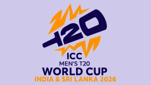 Official logo for the ICC Men’s T20 World Cup 2026, co-hosted by India and Sri Lanka, featuring bold lettering and orange lightning graphics on a purple background.