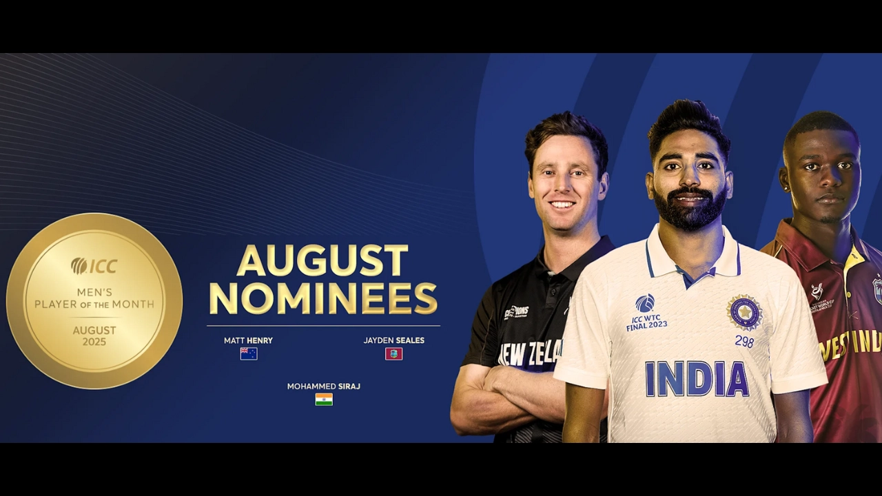ICC Men’s Player of the Month August 2025 nominees Matt Henry, Mohammed Siraj, and Jayden Seales with ICC POTM medal graphic