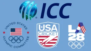 Logos of ICC, USA Cricket, US Olympic Committee, and LA28 Olympics representing the governance issues and Olympic aspirations surrounding cricket in the United States.