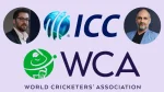Sanjog Gupta and Tom Moffat alongside ICC and World Cricketers’ Association (WCA) logos