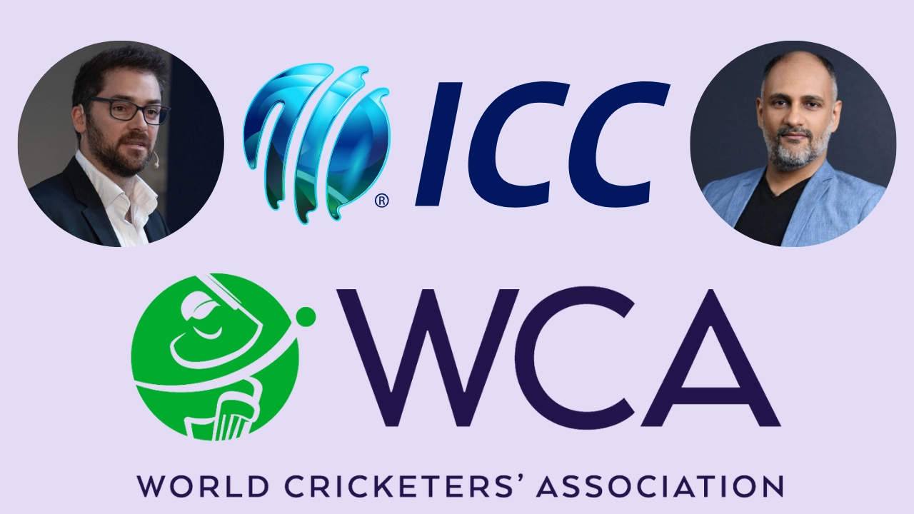 Sanjog Gupta and Tom Moffat alongside ICC and World Cricketers’ Association (WCA) logos
