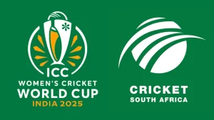 Logos of the ICC Women's Cricket World Cup 2025 and Cricket South Africa on a green background, highlighting the India-hosted tournament.