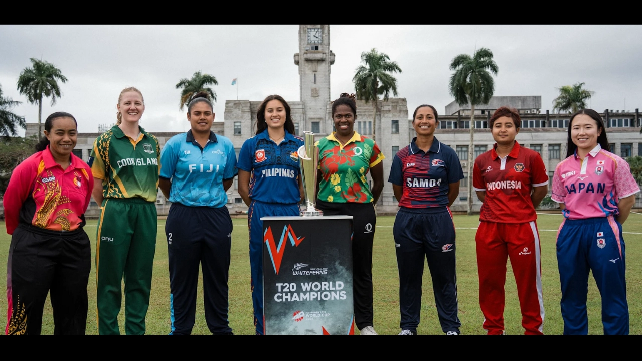 Team captains from East Asia-Pacific region pose with the trophy at ICC Women’s T20 World Cup 2025 EAP Qualifier