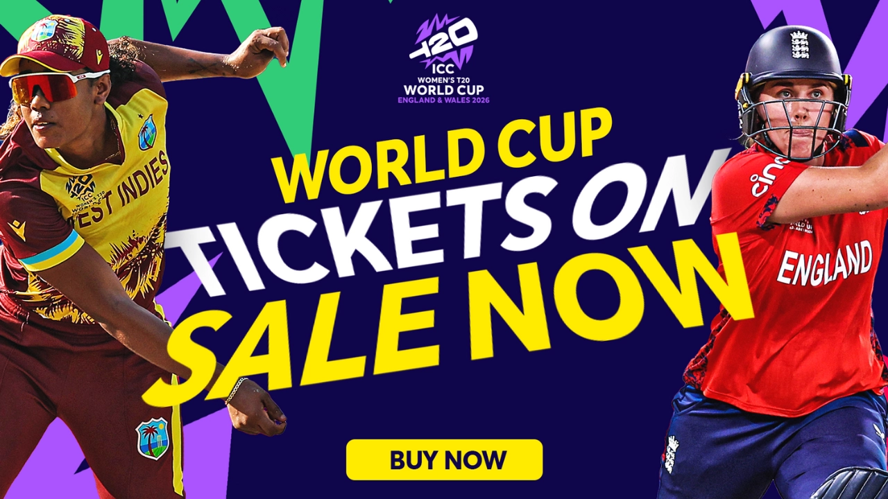 West Indies and England women's cricketers featured in ICC Women's T20 World Cup 2026 ticket sales promotion banner
