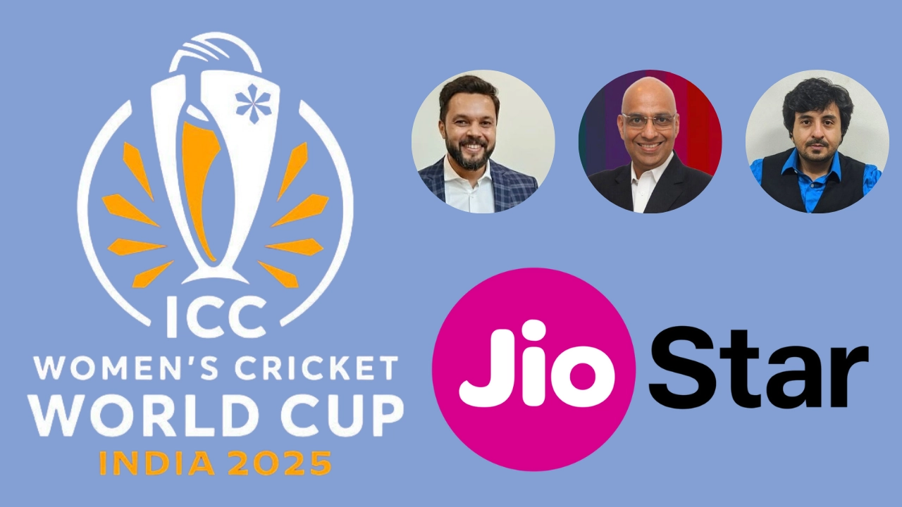 Logos of ICC Women’s Cricket World Cup 2025 and JioStar with headshots of Rajiv Dubey, Umesh Bopche, and Yasin Hamidani on a blue background