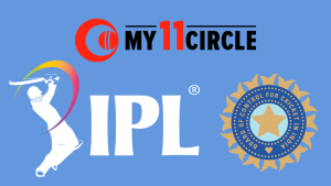 Logos of the Indian Premier League (IPL), Board of Control for Cricket in India (BCCI), and fantasy sports platform My11Circle on a blue background.