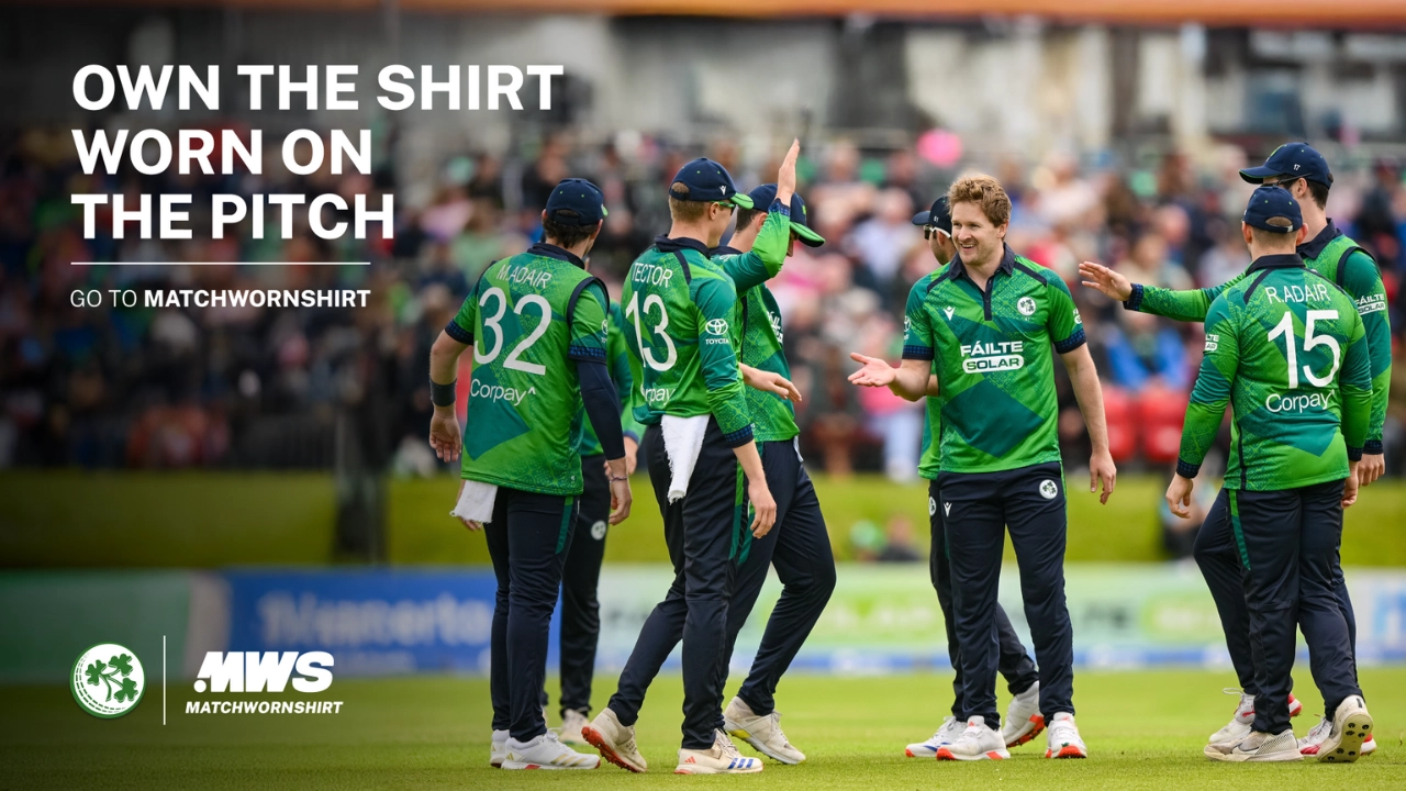 Ireland cricket team players wearing green jerseys during a match, promoting MatchWornShirt with the text “Own the shirt worn on the pitch” in the background.
