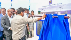 Officials unveil the foundation stone for the construction of the Jaffna International Cricket Stadium during a formal ceremony in Sri Lanka.