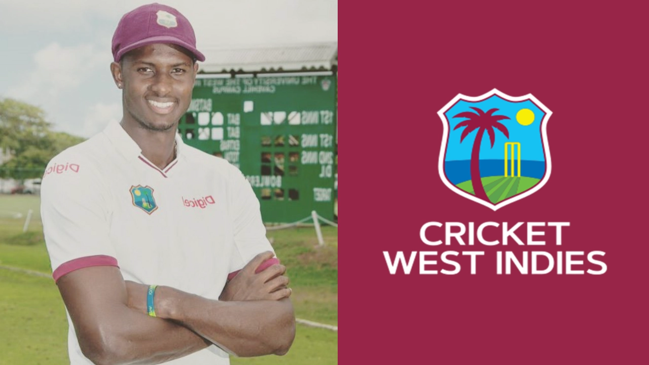Jason Holder in West Indies cricket attire standing next to Cricket West Indies (CWI) logo