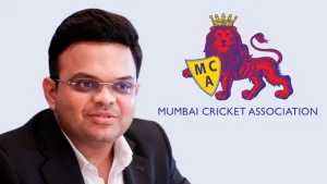Jay Shah with Mumbai Cricket Association (MCA) logo featuring a crowned lion on a light blue background
