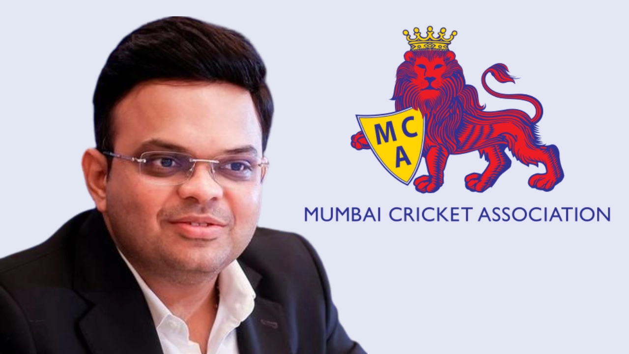 Jay Shah with Mumbai Cricket Association (MCA) logo featuring a crowned lion on a light blue background