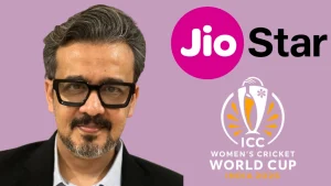 Siddharth Sharma pictured with JioStar and ICC Women’s Cricket World Cup 2025 India logos on a purple background, representing broadcast partnership.
