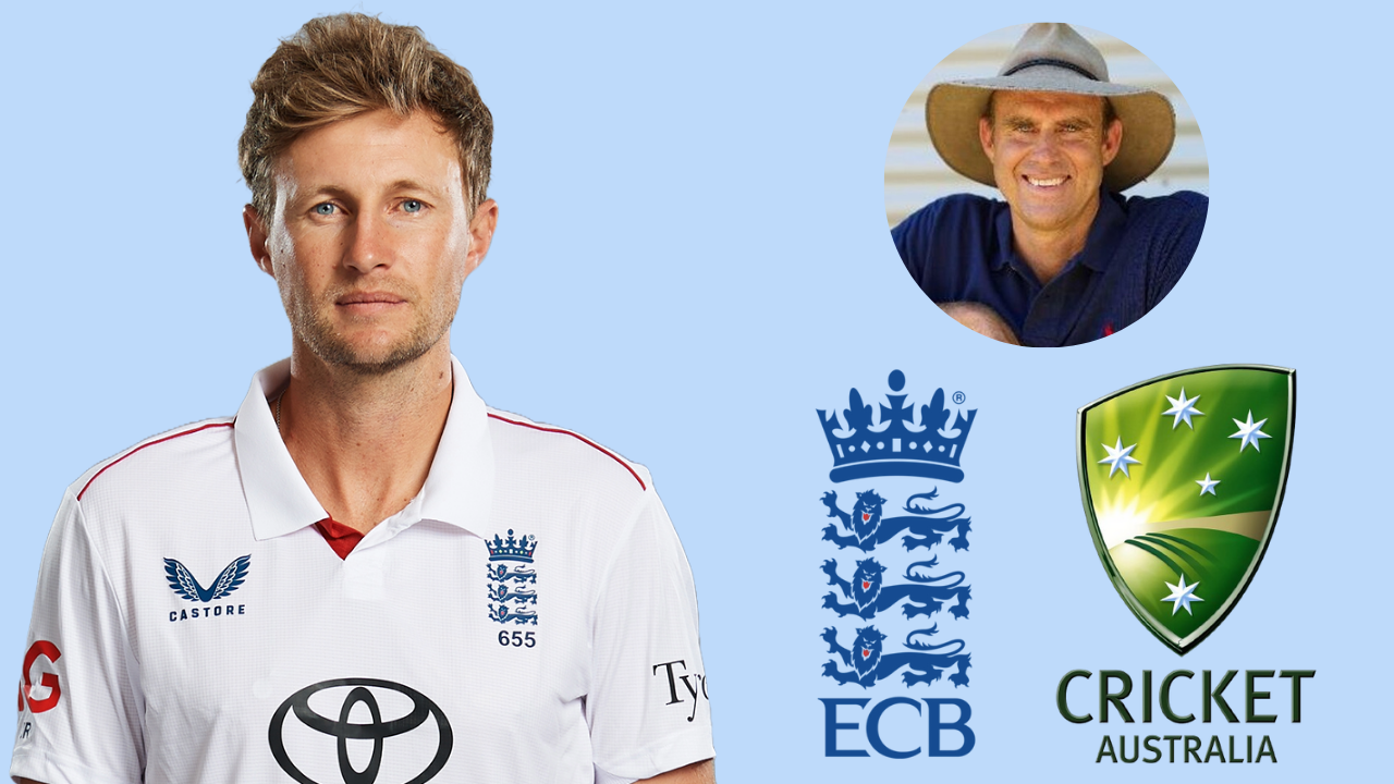 Joe Root in England cricket kit alongside Matthew Hayden, with ECB and Cricket Australia logos representing the Ashes rivalry.