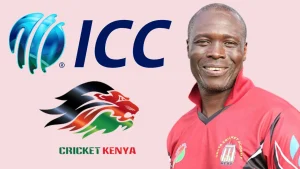 Kennedy Obuya in Obuya Cricket Academy jersey with Cricket Kenya and ICC logos on a pink background.