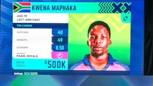 Kwena Maphaka featured at the SA20 2025 auction with stats and base price for Paarl Royals displayed on screen.